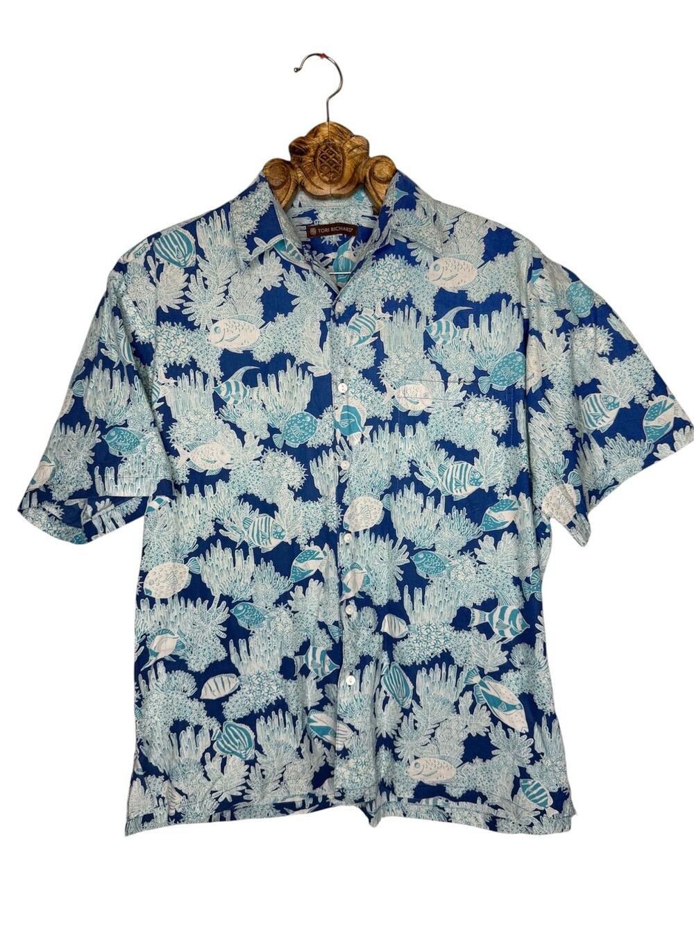 Tori Richard Short Sleeve Hawaiian Shirt Casual Button Down Cotton Blue Fish M